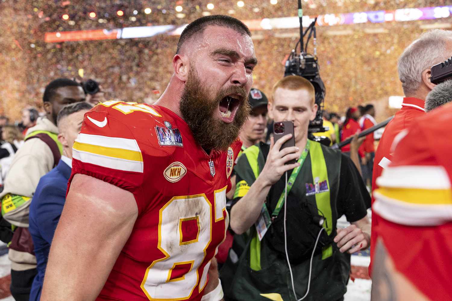 Travis Kelce #87 of the Kansas City Chiefs reacts following the NFL Super Bowl 58 football game between the San Francisco 49ers and the Kansas City Chiefs 