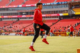 Patrick Mahomes #15 of the Kansas City Chiefs warms up prior to the game against the Denver Broncos at Arrowhead Stadium on January 1, 2023