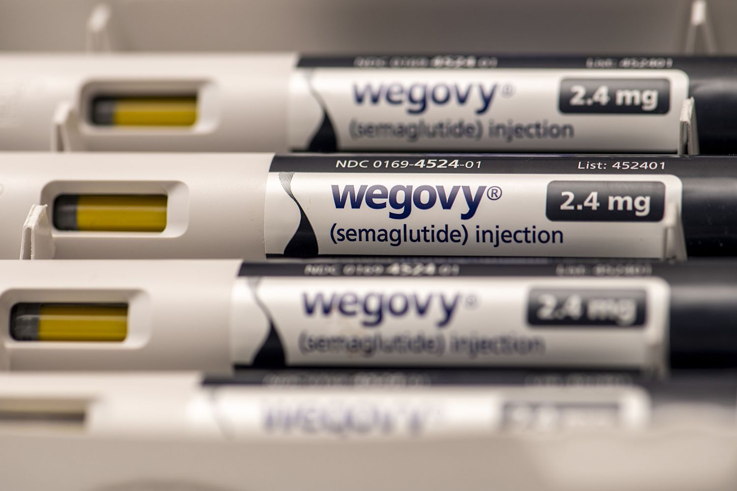 STOCK IMAGE. Still life of Wegovy an injectable prescription weight loss medicine that has helped people with obesity.