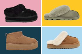 Collage of four UGG slippers, each on a different color background.