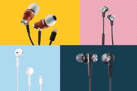 Collage of wired earbuds we recommend on a colorful background