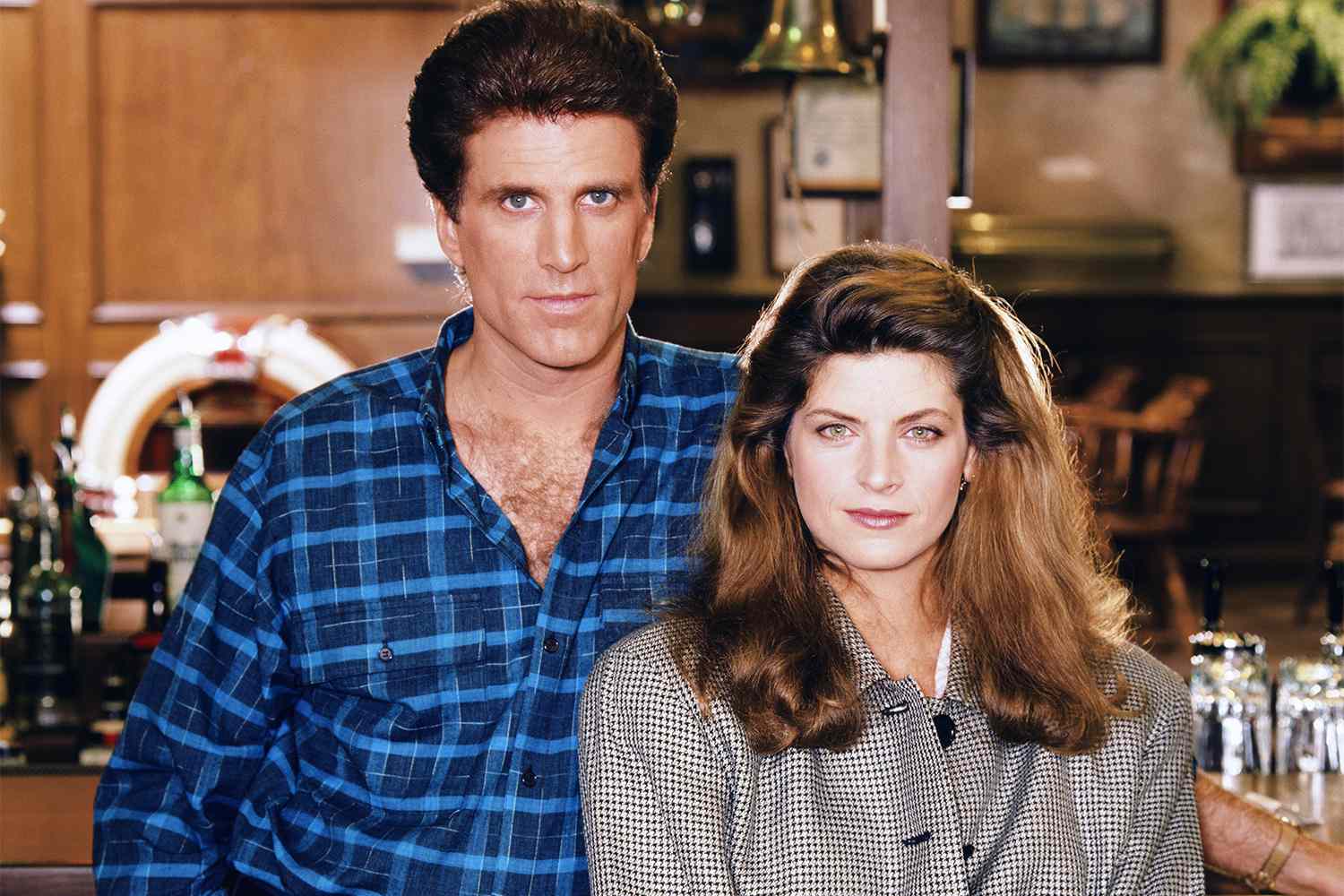 CHEERS -- Pictured: (l-r) Ted Danson as Sam Malone, Kirstie Alley as Rebecca Howe (Photo by NBCU Photo Bank/NBCUniversal via Getty Images via Getty Images)