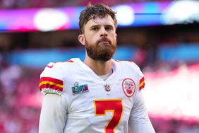 Harrison Butker #7 of the Kansas City Chiefs warms up before the game against the Philadelphia Eagles prior to Super Bowl LVII at State Farm Stadium on February 12, 2023