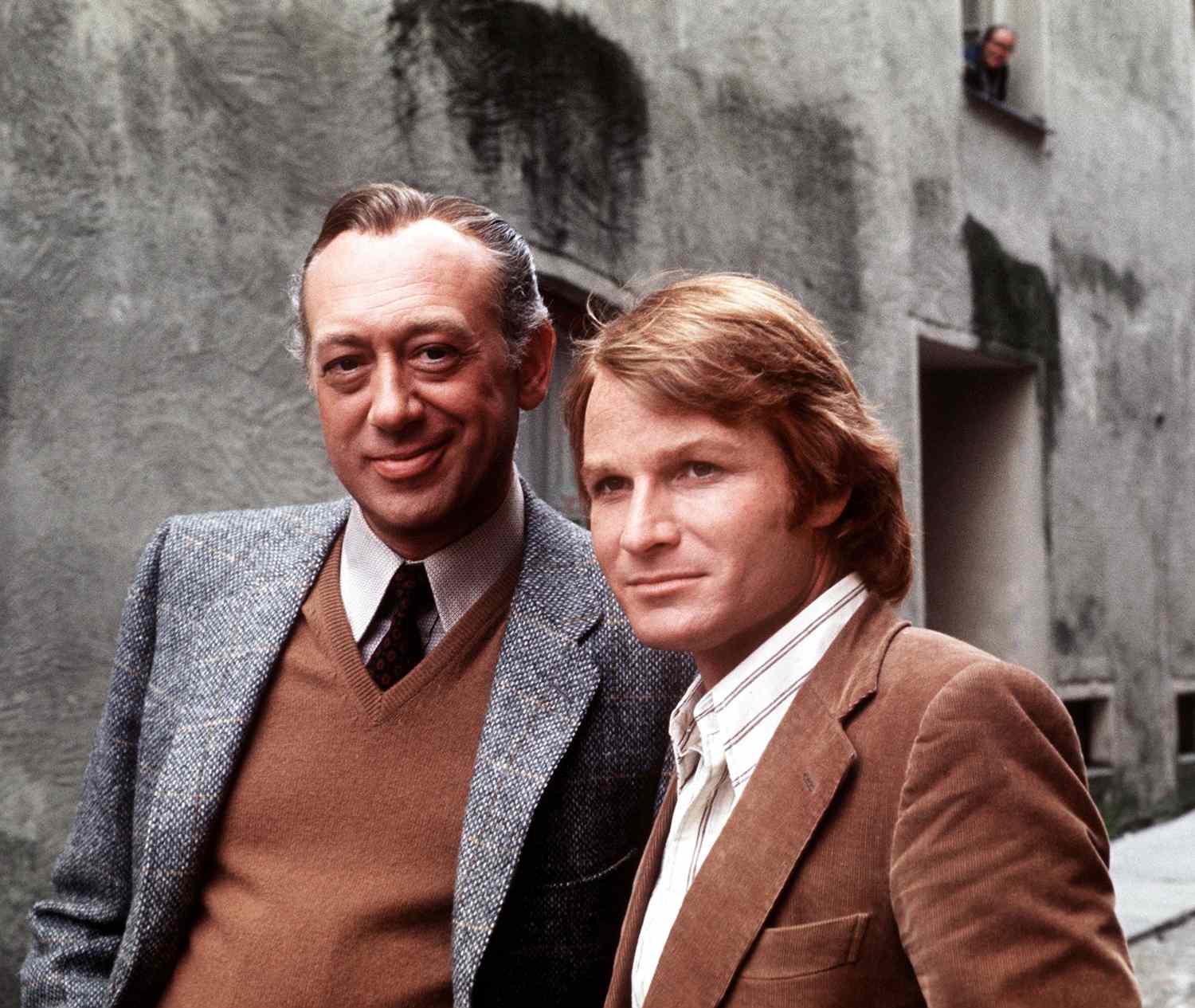 German actors Horst Tappert (l) and Fritz Wepper (r), both acting in the crime series "Derrick", in August 1973.