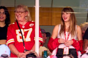 Taylor Swift cheers from a suite with Donna Kelce as the Kansas City Chiefs play the Chicago Bears during the first half at GEHA Field at Arrowhead Stadium on September 24, 2023 in Kansas City, Missouri