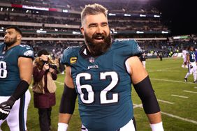 Jason Kelce #62 of the Philadelphia Eagles celebrates on the field after defeating the New York Giants 38-7 in the NFC Divisional Playoff game