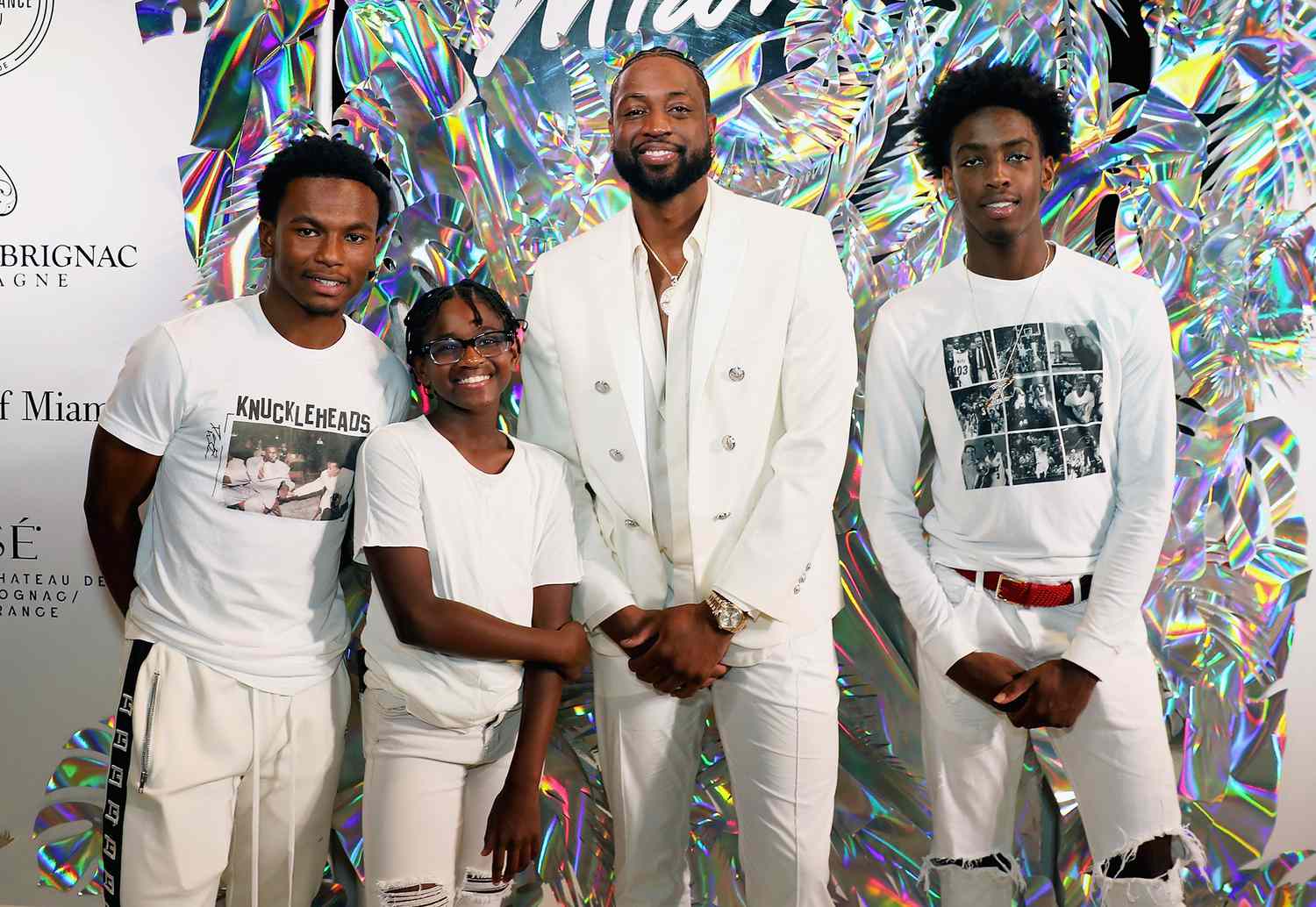 Dahveon Morris, Zion Wade, Dwyane Wade and Zaire Wade attend Dwyane Wade's 16 Year NBA Career Celebration Dinner on April 8, 2019 in Miami, Florida