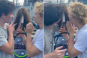 Zendaya's Challengers costars Mike Faist and Josh O'Connor jokingly kissing her wig placed on a tennis racket