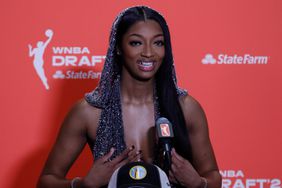 Angel Reese talks to the media during the 2024 WNBA Draft on April 15, 2024 at the Brooklyn Academy of Music in Brooklyn, 