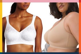 Side-by-side selection of bras for large busts we recommend on a colorful background