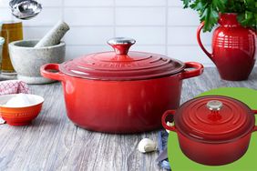 Le Creuset Enameled Cast Iron Signature Round Dutch Oven on a kitchen table