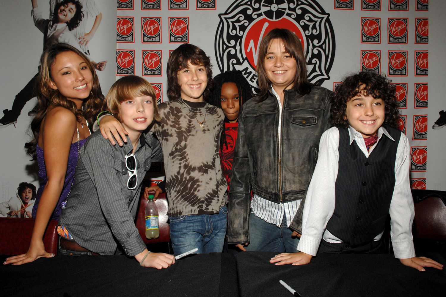 Allie DiMeco, David Levi, Nat Wolff, Qaasim Middleton, Thomas Batuello and Alex Wolff of Nickelodeon's The Naked Brothers Band appear in-store at the Virgin Megastore on October 8, 2007 in New York City. 