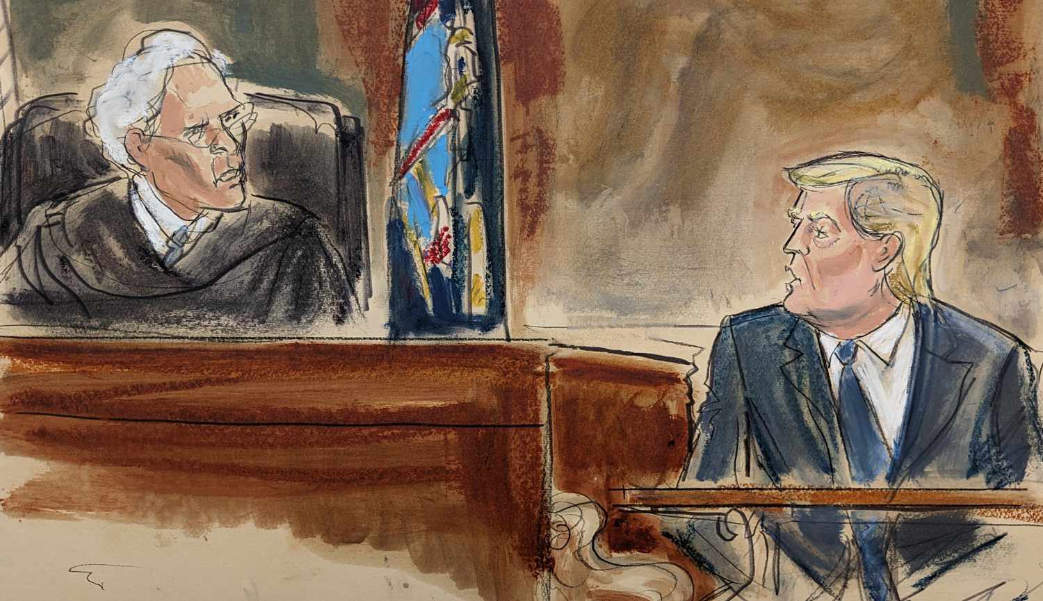 In this courtroom sketch, Judge Arthur Engoron questions former President Donald Trump on the witness stand in New York Supreme Court, Wednesday, Oct. 25, 2023, in New York