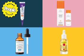Collage of vitamin C serums we recommend on a colorful background