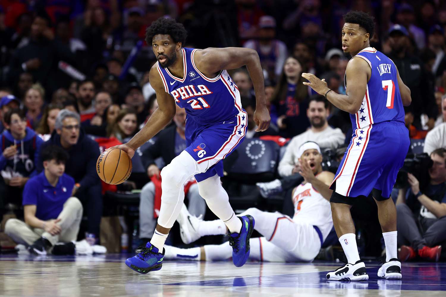 Joel Embiid #21 of the Philadelphia 76ers dribbles during the third quarter against the New York Knicks during game three of the Eastern Conference First Round Playoffs at the Wells Fargo Center on April 25, 2024 in Philadelphia, Pennsylvania. 