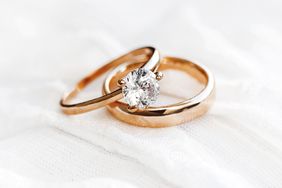 Stock image of diamond engagement ring and wedding band
