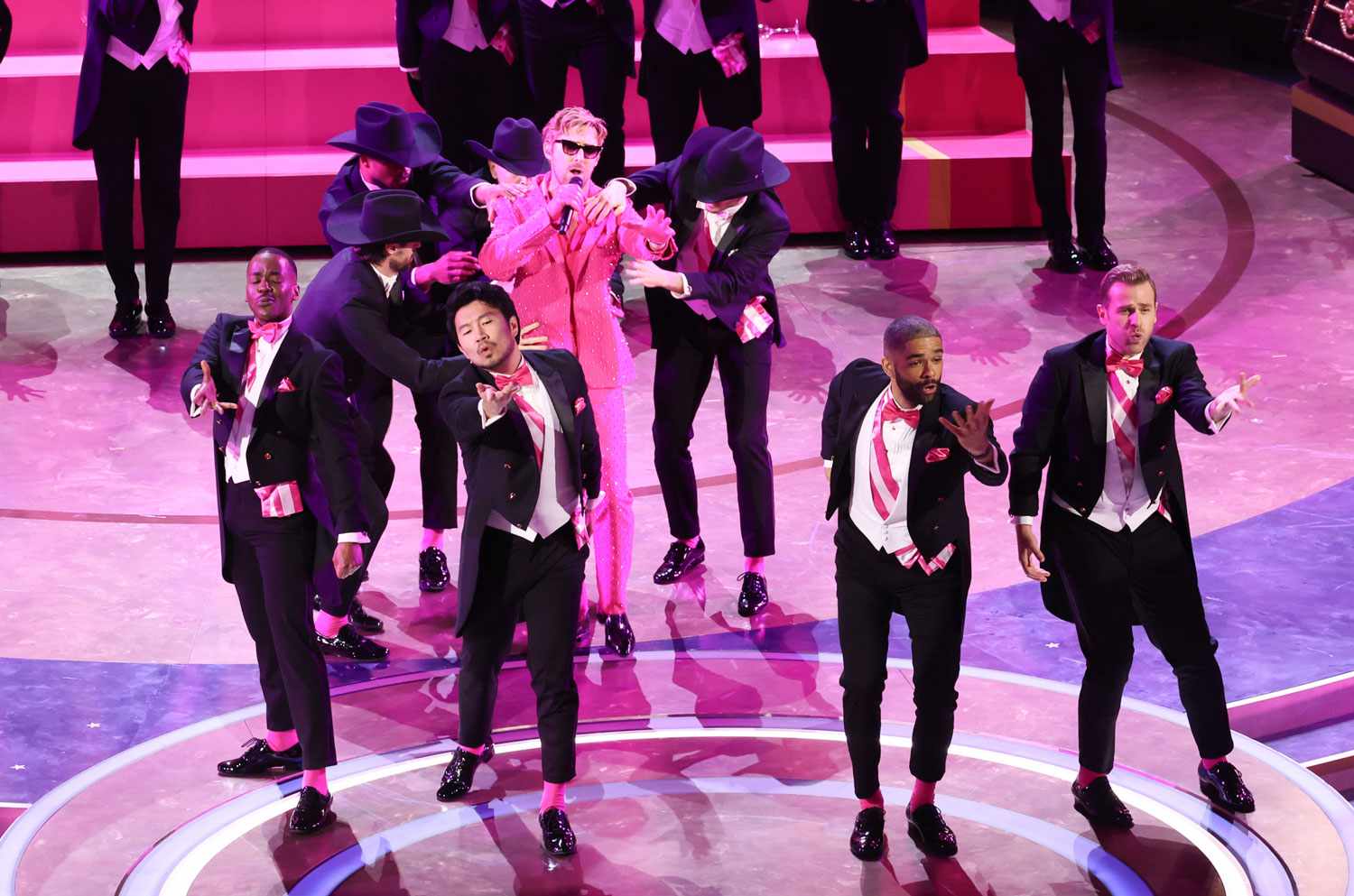 Ncuti Gatwa (left), Simu Liu, Ryan Gosling, Kingsley Ben-Adir and Scott Evans perform "I'm Just Ken" at the 96th Annual Oscars held at Dolby Theatre on March 10, 2024 in Los Angeles