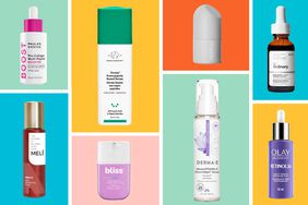 Collage of peptide serums we recommend on a colorful background