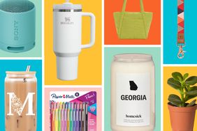 A collage of several teacher appreciation gifts we recommend on colorful backgrounds