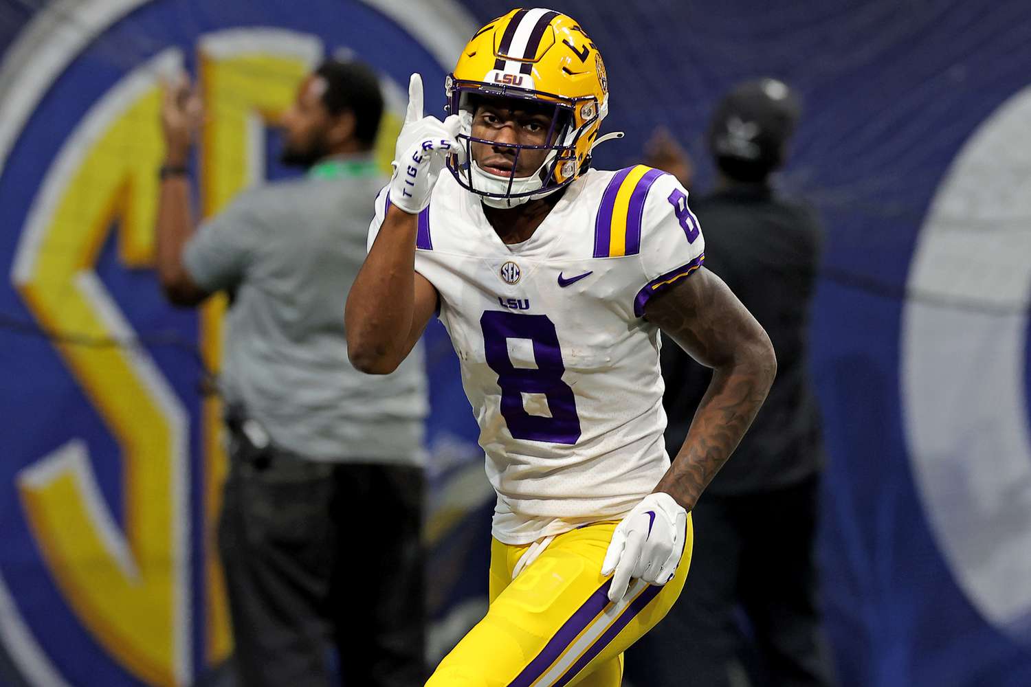Malik Nabers #8 of the LSU Tigers celebrates after scoring a 34 yard touchdown against the Georgia Bulldogs during the third quarter in the SEC Championship game at Mercedes-Benz Stadium on December 03, 2022 in Atlanta, Georgia.