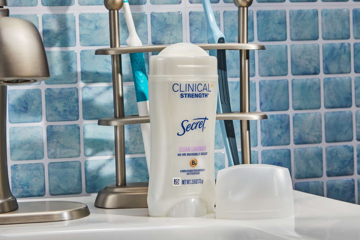 Secret Clinical Strength Soft Solid Deodorant displayed on the bathroom countertop