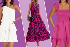 Collage of three spring dresses on models over different color backgrounds