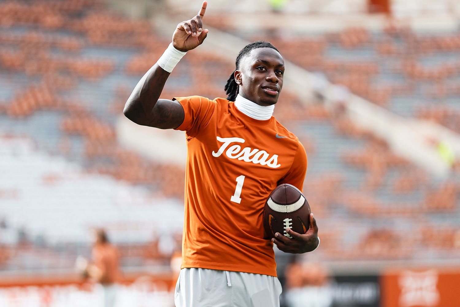 Xavier Worthy #1 of the Texas Longhorns warms up before the game against the Wyoming Cowboys at Darrell K Royal-Texas Memorial Stadium on September 16, 2023 in Austin, Texas.