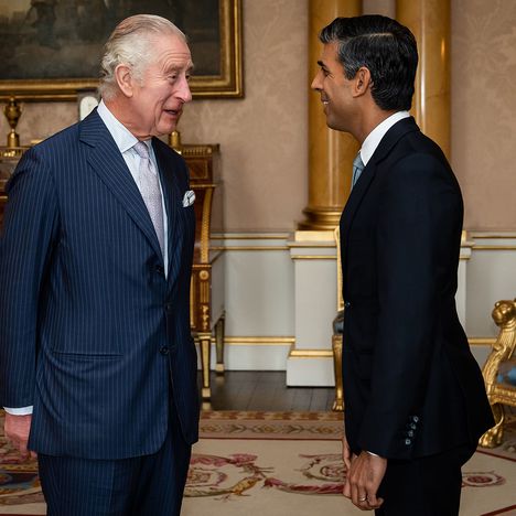 King Charles III welcomes Rishi Sunak during an audience at Buckingham Palace