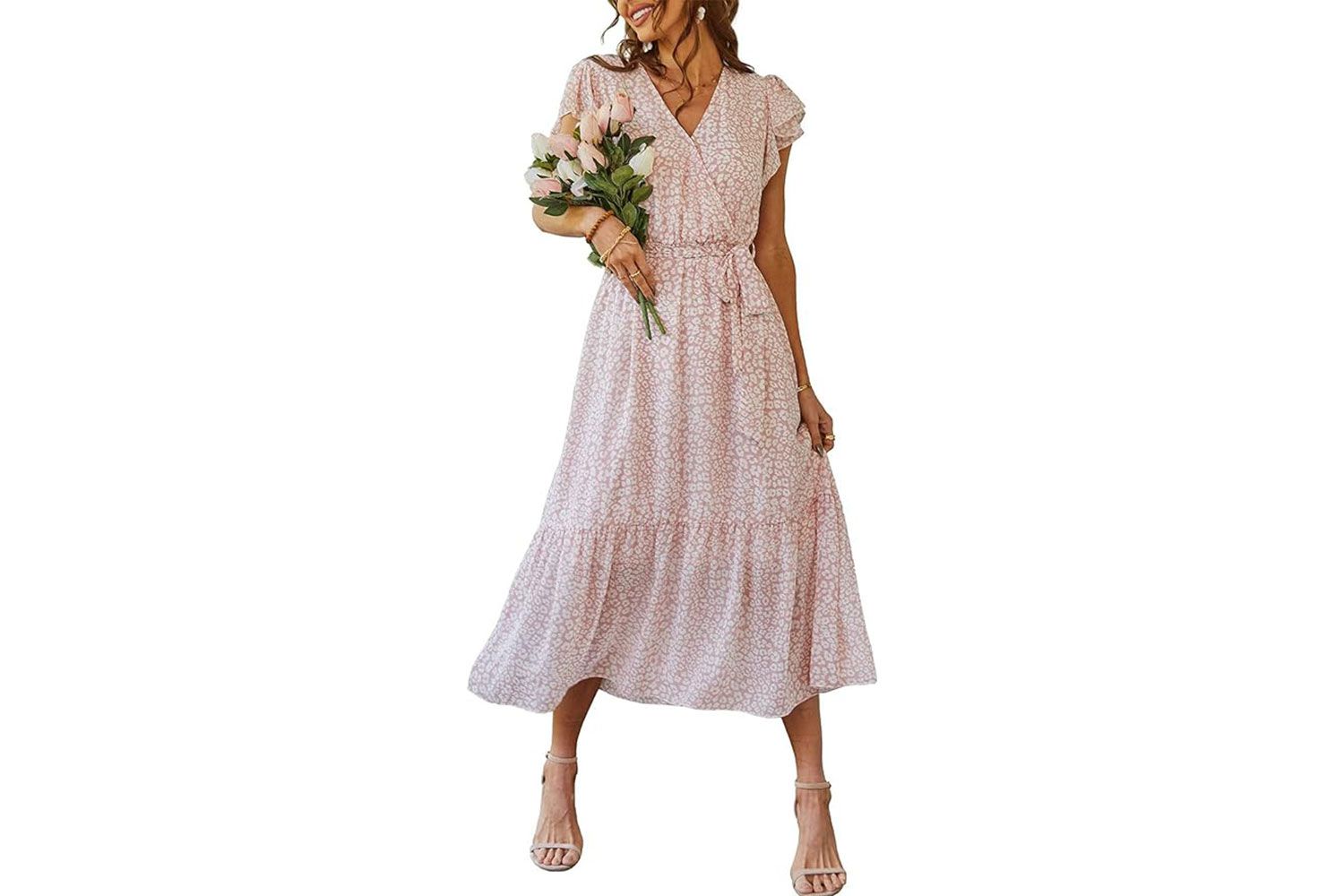 Amazon PRETTYGARDEN Women's Floral Boho Dress Wrap V Neck Short Sleeve Belted Ruffle Hem A-Line Flowy Maxi Dresses