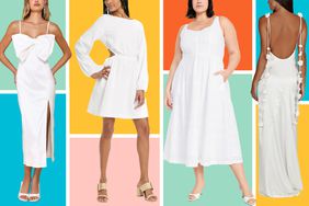 Collage of four white bridal shower dresses on models, each over a different color background