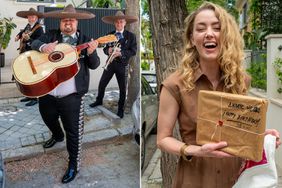 Amber Heard is serenaded by a Mariachi band as she receives presents on her 38th birthday outside her home in Madrid.
