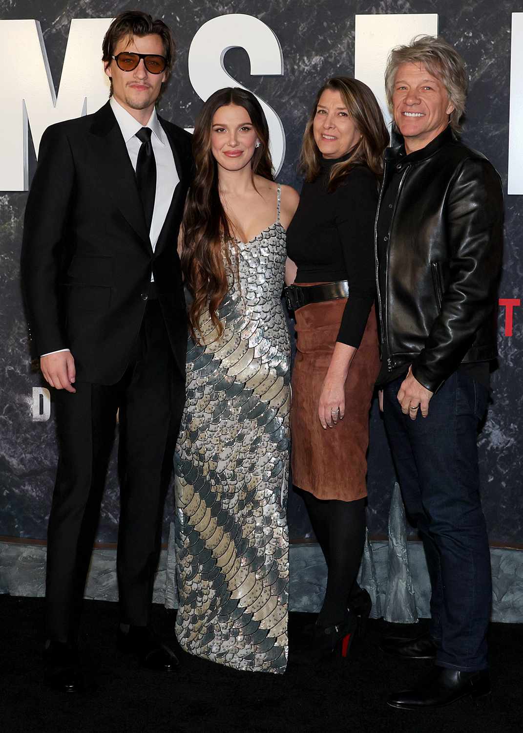 Jake Bongiovi, Millie Bobby Brown, Dorothea Hurley and Jon Bon Jovi attend Netflix's "Damsel" New York Premiere at Paris Theater on March 01, 2024