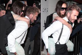 David Beckham and Victoria Beckham are seen leaving Victoria Beckham's 50th Birthday Party at OswaldÃ¢ÂÂs on April 20, 2024 in London, England.