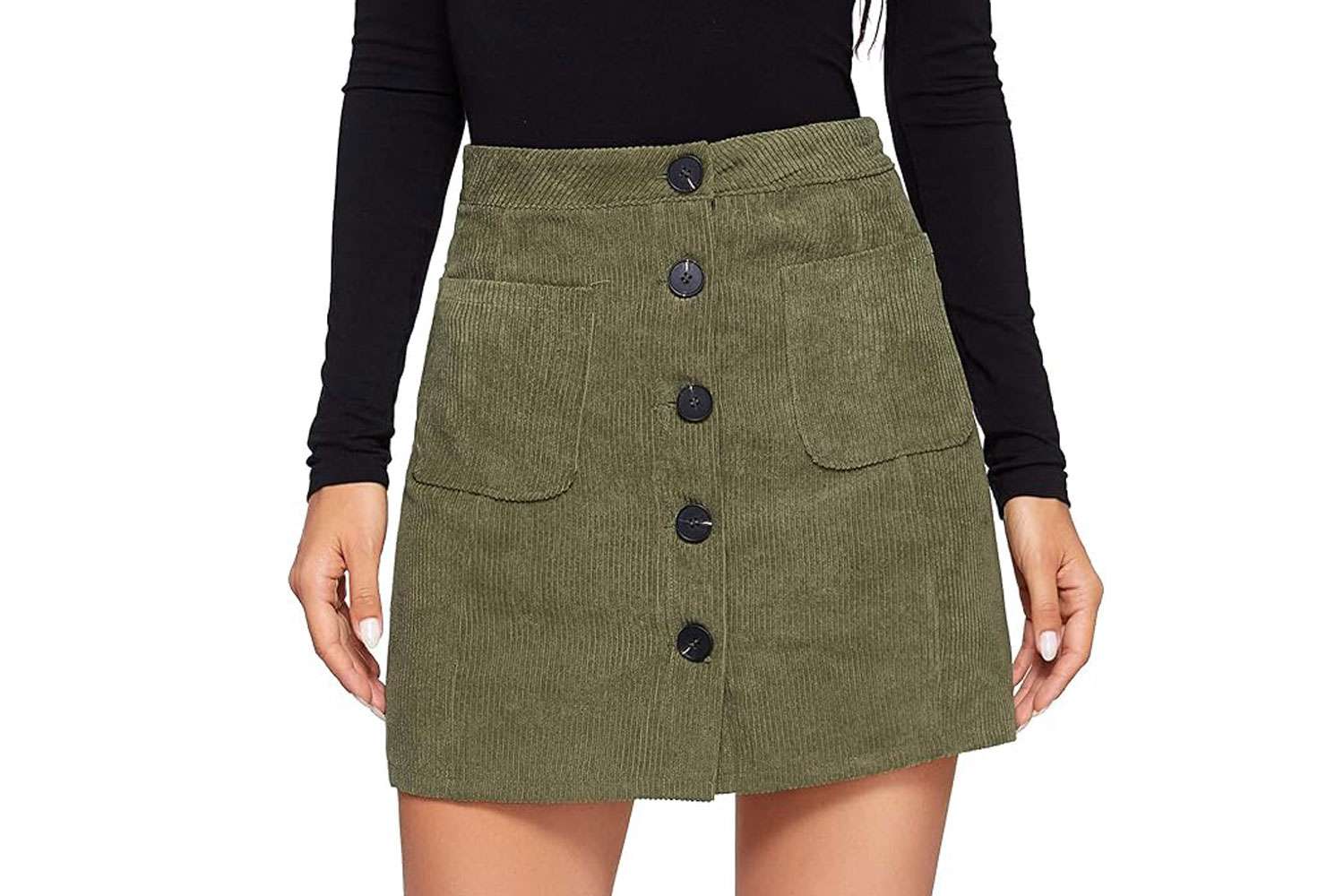 Amazon WDIRARA Women's Mid Waist Corduroy A-line Slim fit Button Casual Mini Skirt