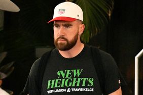 Travis Kelce is seen leaving his hotel and boarding a private jet on May 6, 2024, after attending Miami F1 Grand Prix in Miami, Florida. 