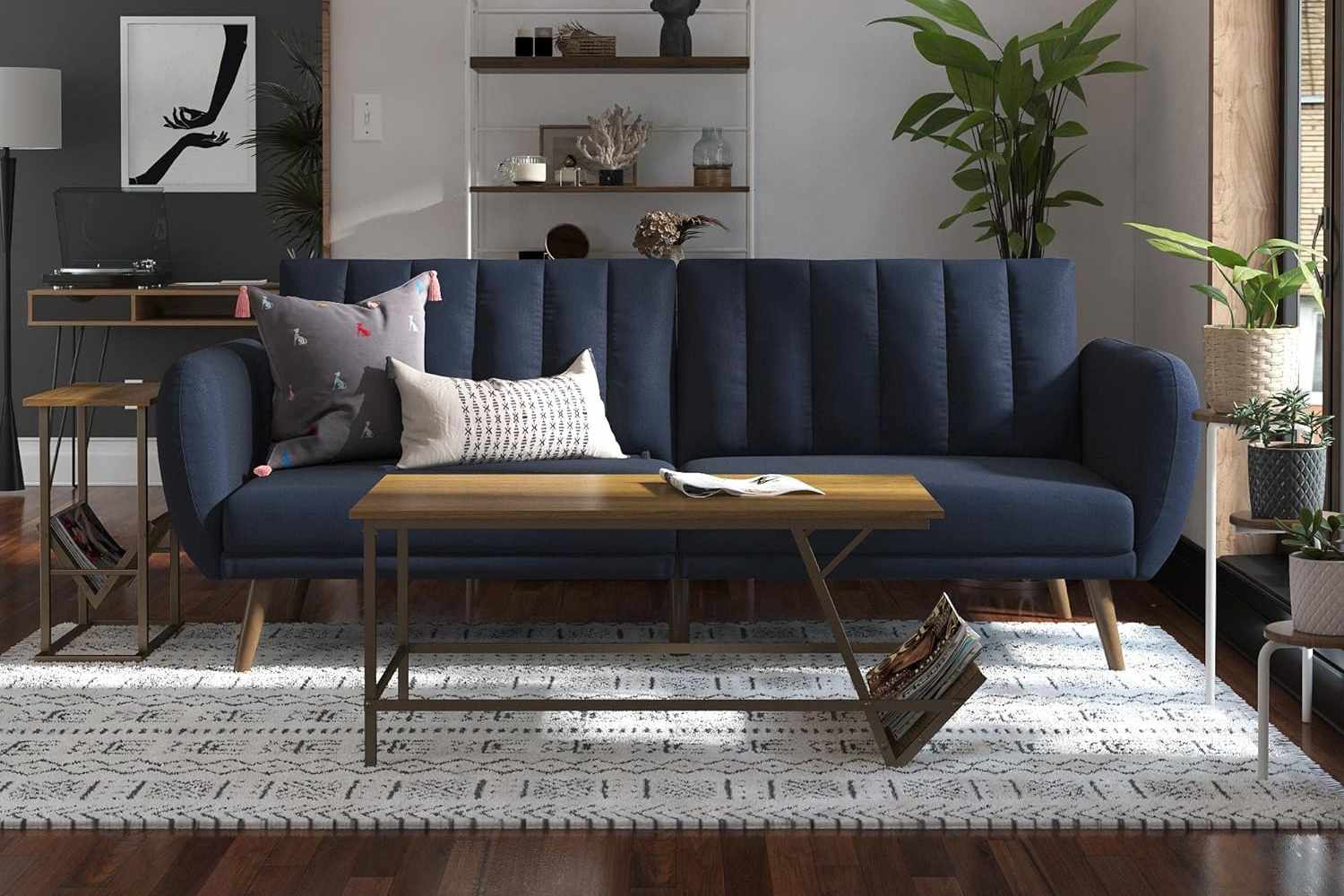Novogratz Brittany Futon, Convertible Sofa & Couch, Blue Linen