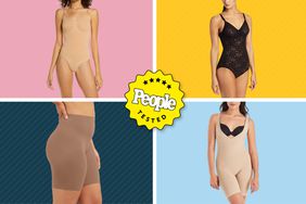 Collage of shapewear we recommend on a colorful background