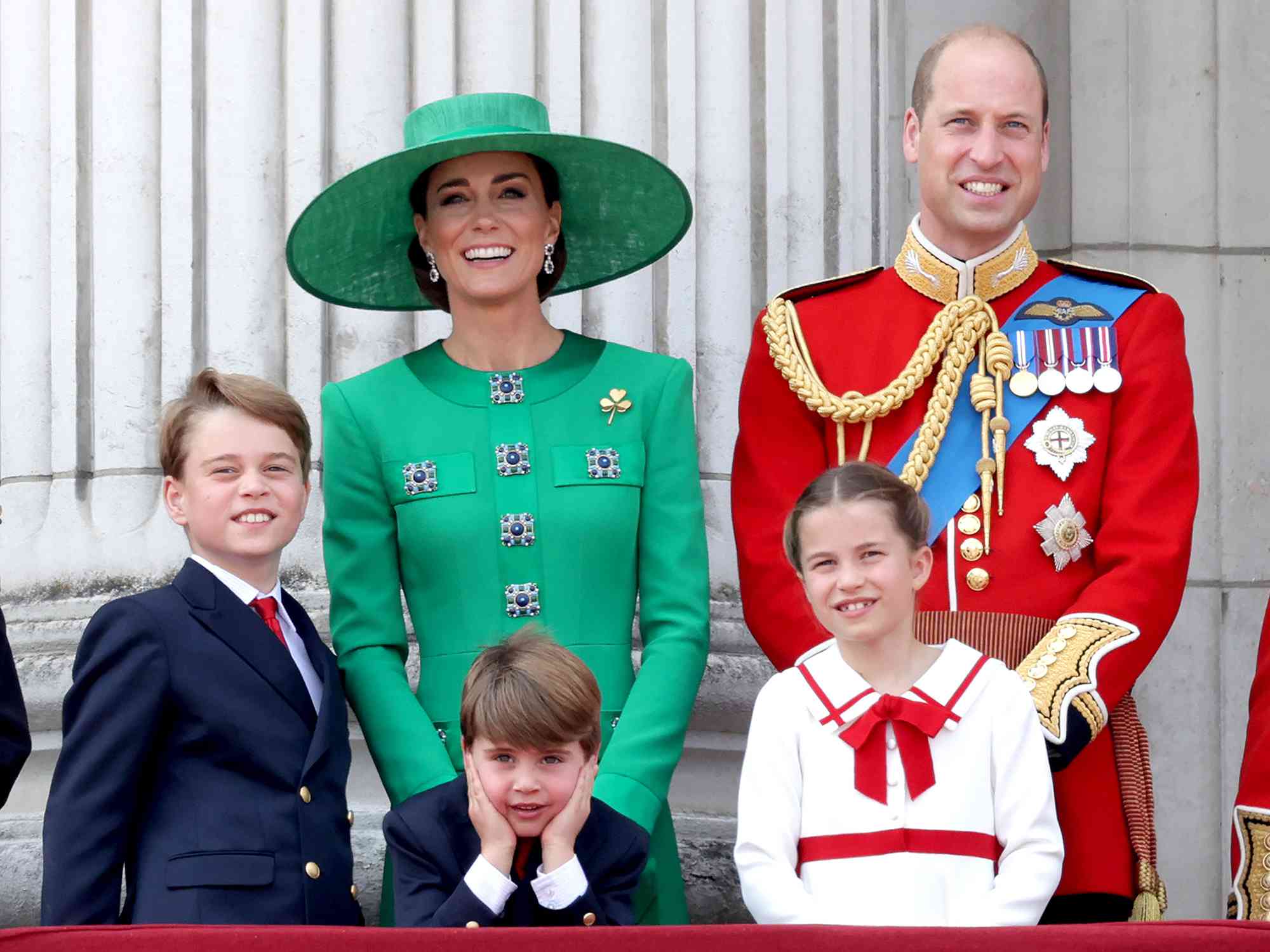Prince William, Catherine, Princess of Wales, Princess Charlotte of Wales and Prince George of Wales on the Buckingham Palace balcony during Trooping the Colour on June 17, 2023 in London, England.