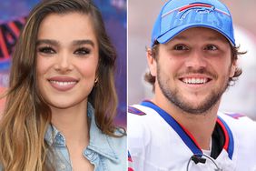 Hailee Steinfeld at the world premiere of "Spider-Man" Across The Spider Verse" in 2023. ; Josh Allen during the second half of a preseason game against the Chicago Bears in 2023 