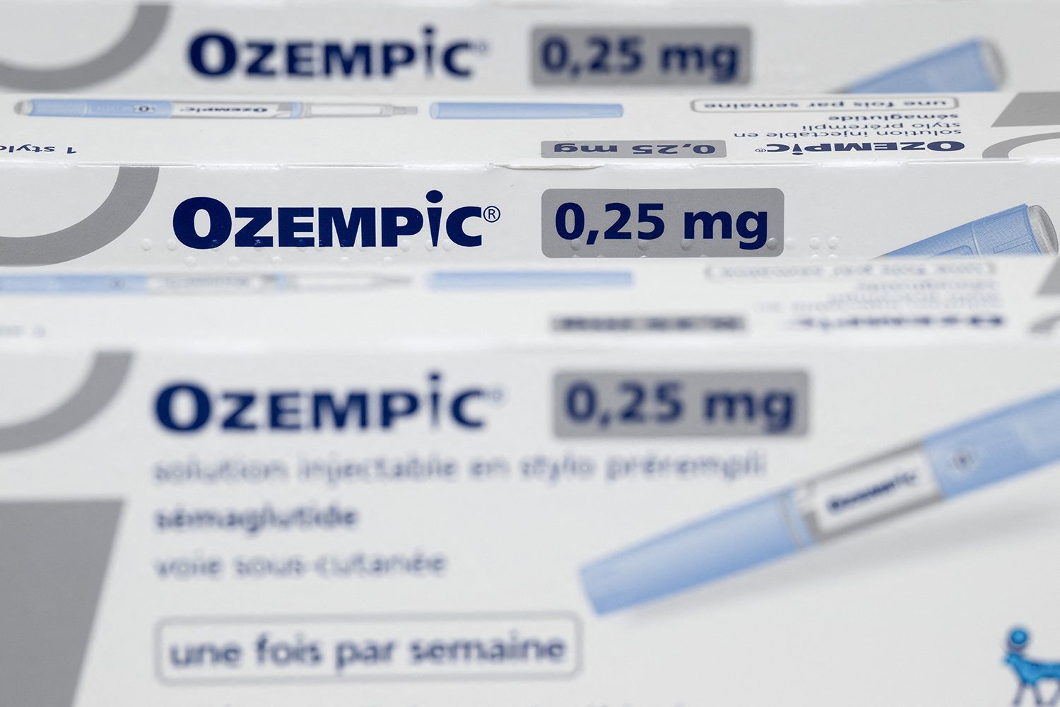 This picture taken on October 23, 2023, shows Ozempic medication boxes