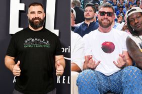Jason Kelce attends Thursday Night Football Presents The World Premiere of "Kelce" on September 08, 2023 in Philadelphia, Pennsylvania.; Patrick Mahomes, Travis Kelce, and Marquise Brown sit court side during the game between the Minnesota Timberwolves and the Dallas Mavericks during Game 3 of the Western Conference Finals of the 2024 NBA Playoffs on May 26, 2024 at the American Airlines Center in Dallas, Texas.