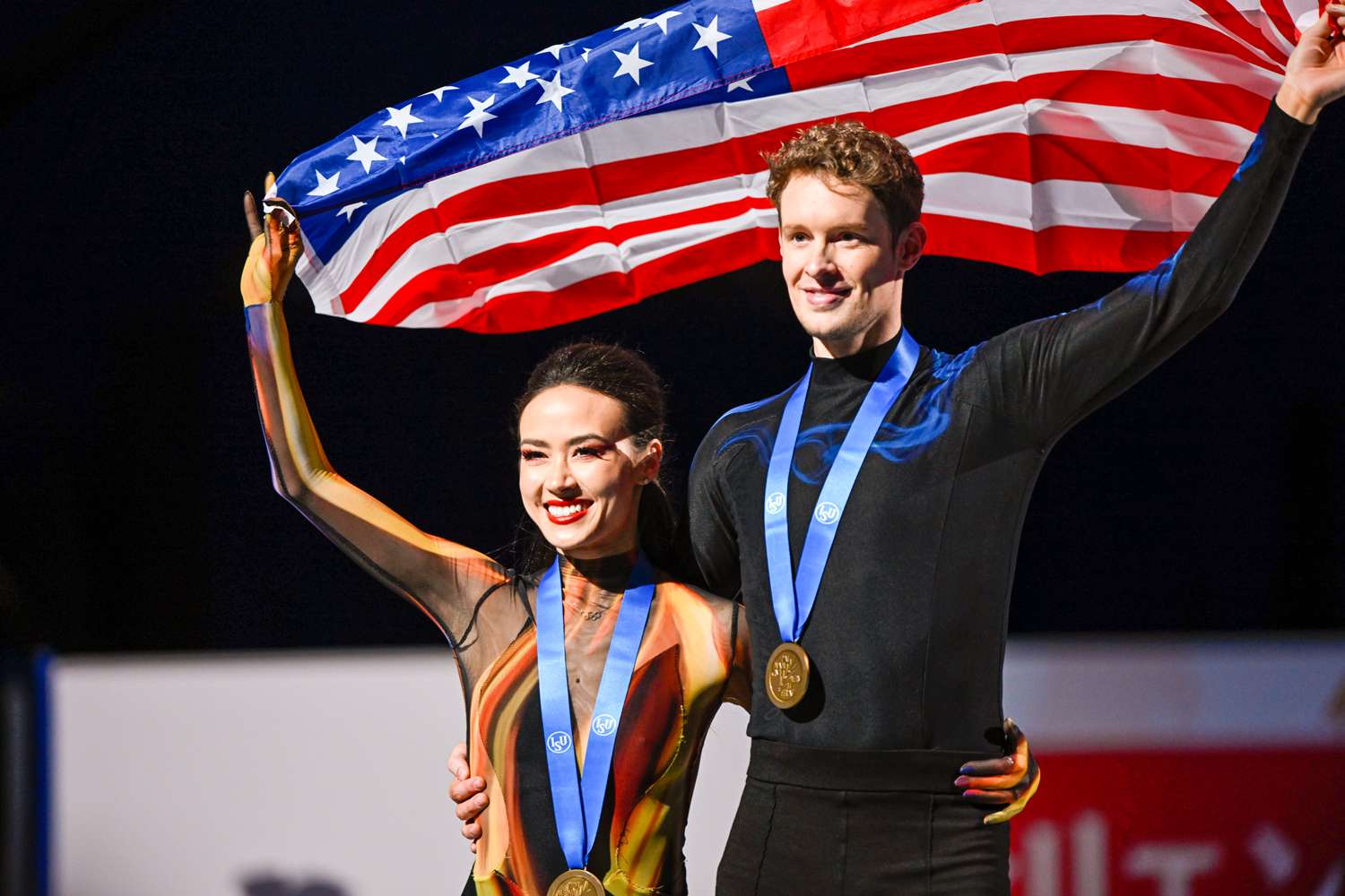Madison Chock and Evan Bates of the United States reacts in the Ice Dance medal ceremony during the ISU World Figure Skating Championships 2023 at Saitama Super Arena on March 25, 2023 in Saitama, Japan