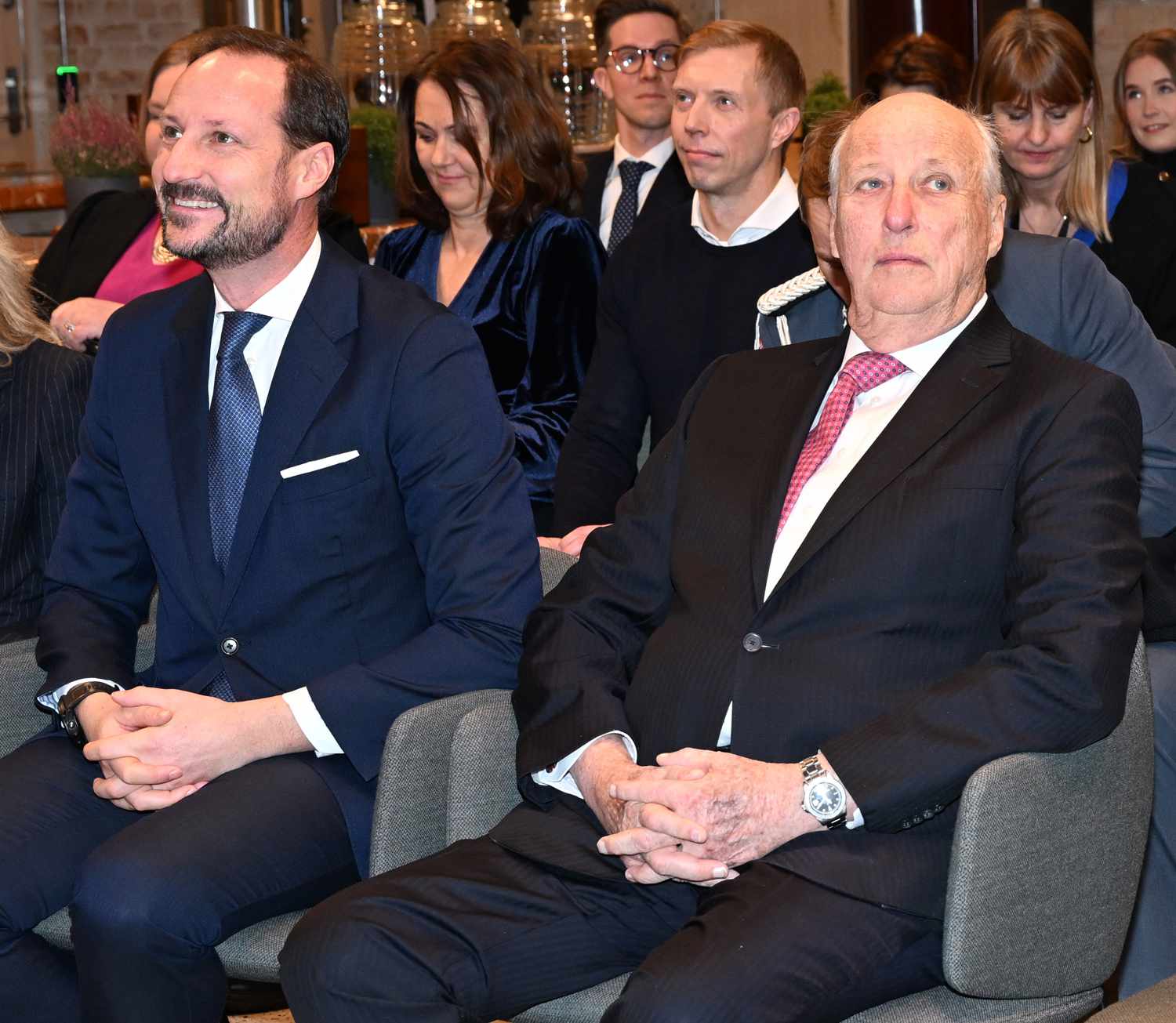 King Harald and Crown Prince Haakon visit Faktisk.no at Norwegian Press Association on January 23, 2024 in Oslo, Norway