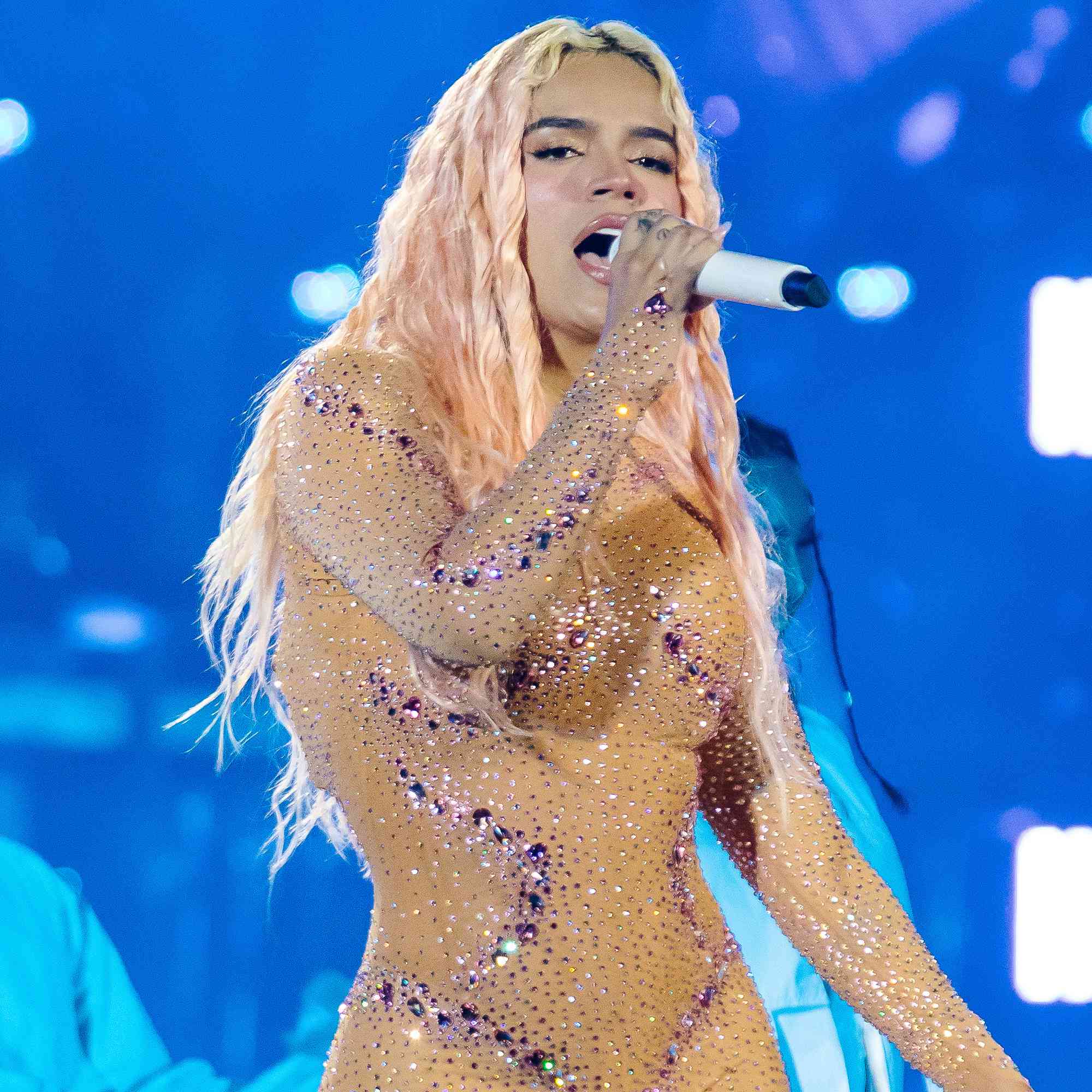  Karol G performs during a concert at Sultanes stadium