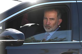 King Felipe leaves the Ruber Clinic, where his mother, Queen Sofia, is being treated for a urinary tract infection, on April 10, 2024, in Madrid, Spain.