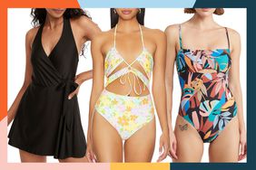 Collage of three swimsuits we recommend on models with a colorful border