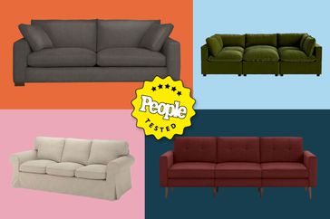 Four couches arranged on a colorful background