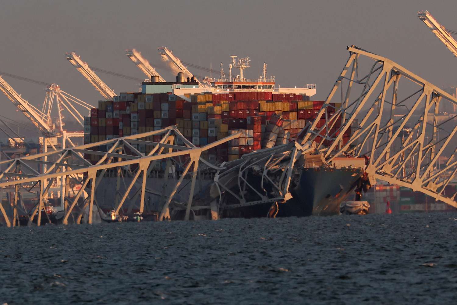 A cargo ship is shown after running into and collapsing the Francis Scott Key Bridge on March 26, 2024 in Baltimore, Marylan