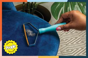 Hand cleaning fur from a plush chair with the Uproot Cleaner Pro Reusable Pet Hair Remover
