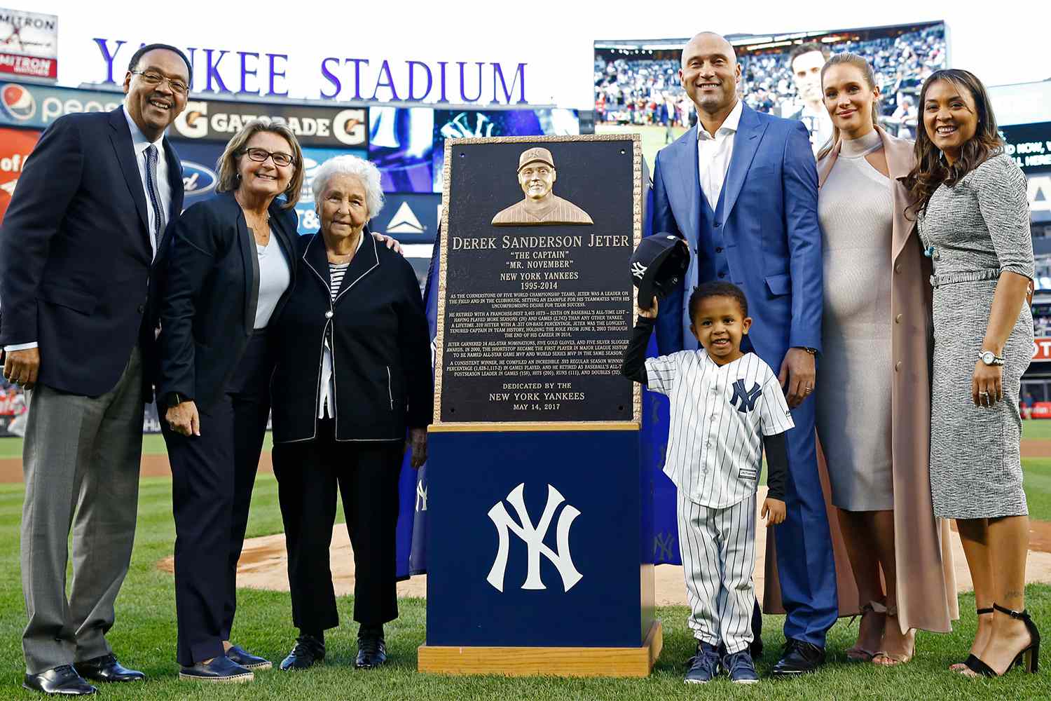 Mandatory Credit: Photo by AP/Shutterstock (8820989at) Derek Jeter, Hannah Jeter Retired New York Yankees shortstop Derek Jeter, third from right, poses with his family and the monument that will represent him in Yankee Stadium's Monument Park during an on-field, pregame, ceremony retiring Jeter's number 2 in New York, . From left are Jeter's parents Charles and Dorothy Jeter, his grandmother "Dot" Jeter, Jeter's nephew Jaden, his wife Hannah Jeter and sister Sharlee Jeter Yankees Jeter, New York, USA - 14 May 2017